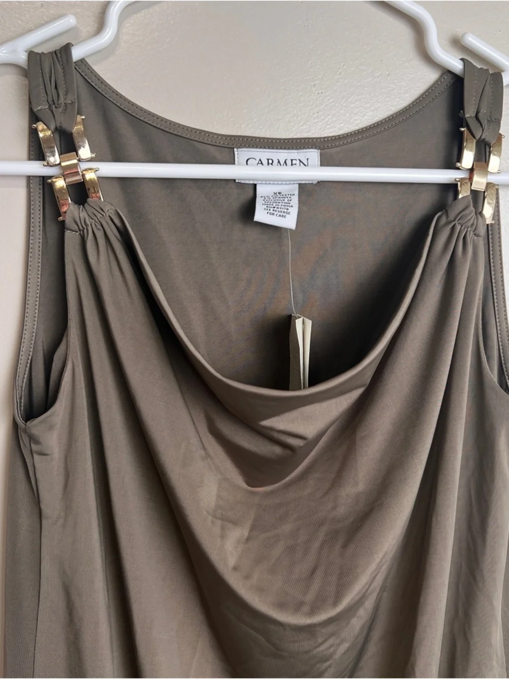 Carmen Marc Valvo NWOT Dark Olive Draped Cowl Neck Blouse Size XS - Picture 2 of 6